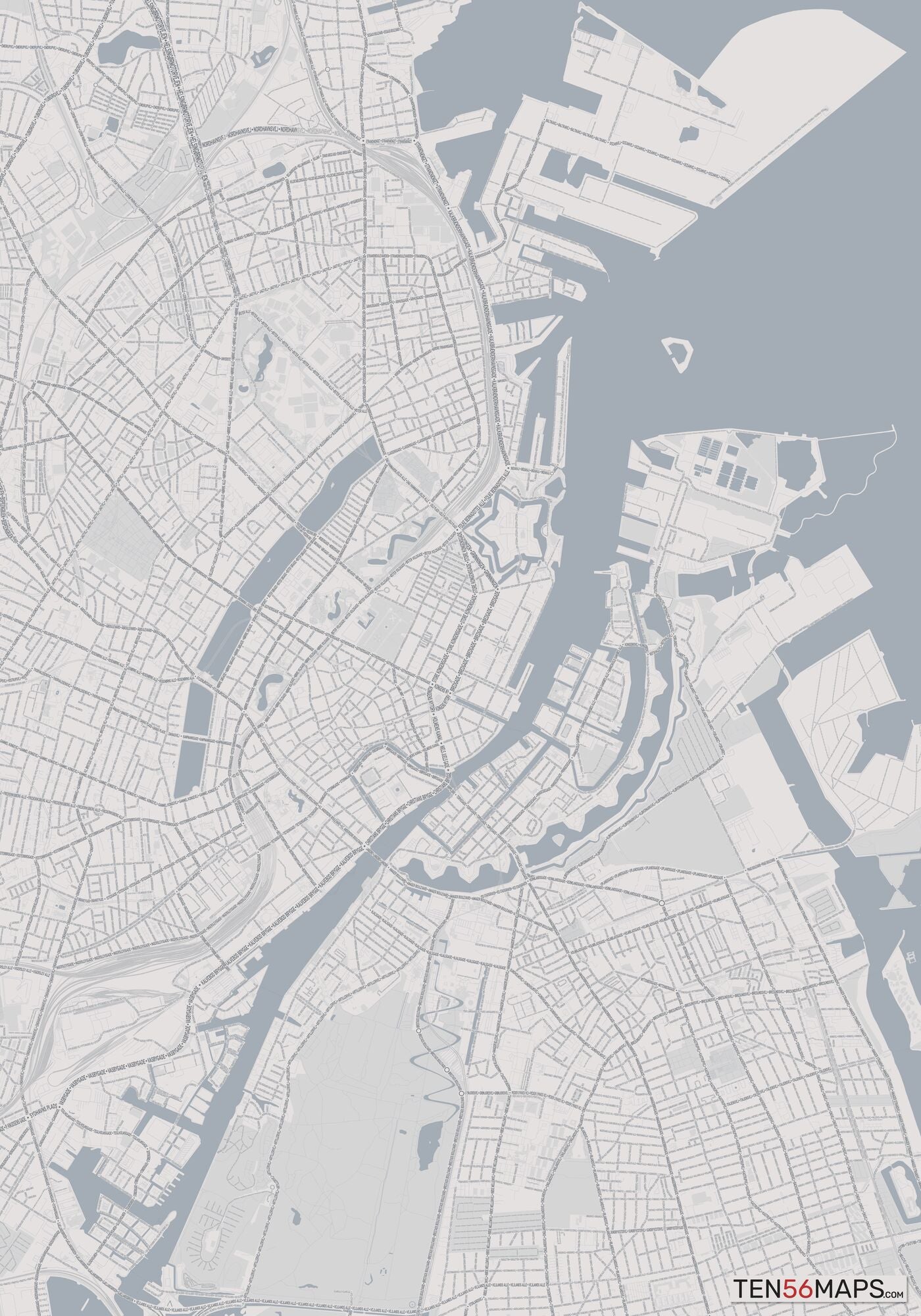 Color Variant Steel - Gray with water and major roads in muted blue.