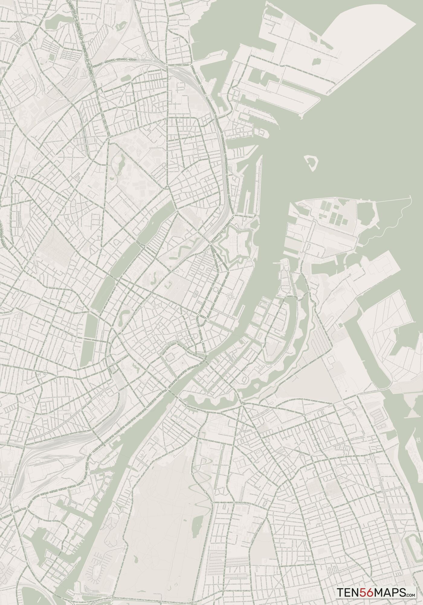 Color Variant Mint - Muted green water and major roads in darker green.