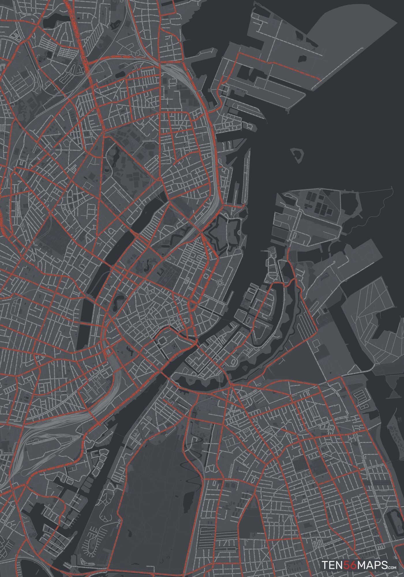 Color Variant Slate - Dark grey with major roads in red.