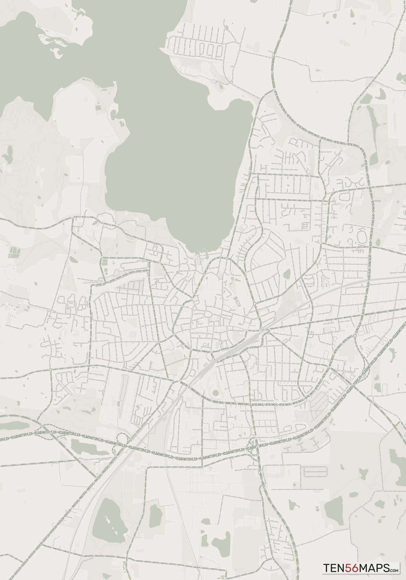 Color Variant Mint - Muted green water and major roads in darker green.