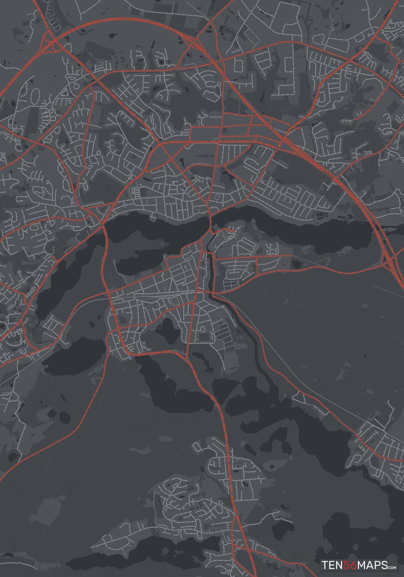 Color Variant Slate - Dark grey with major roads in red.