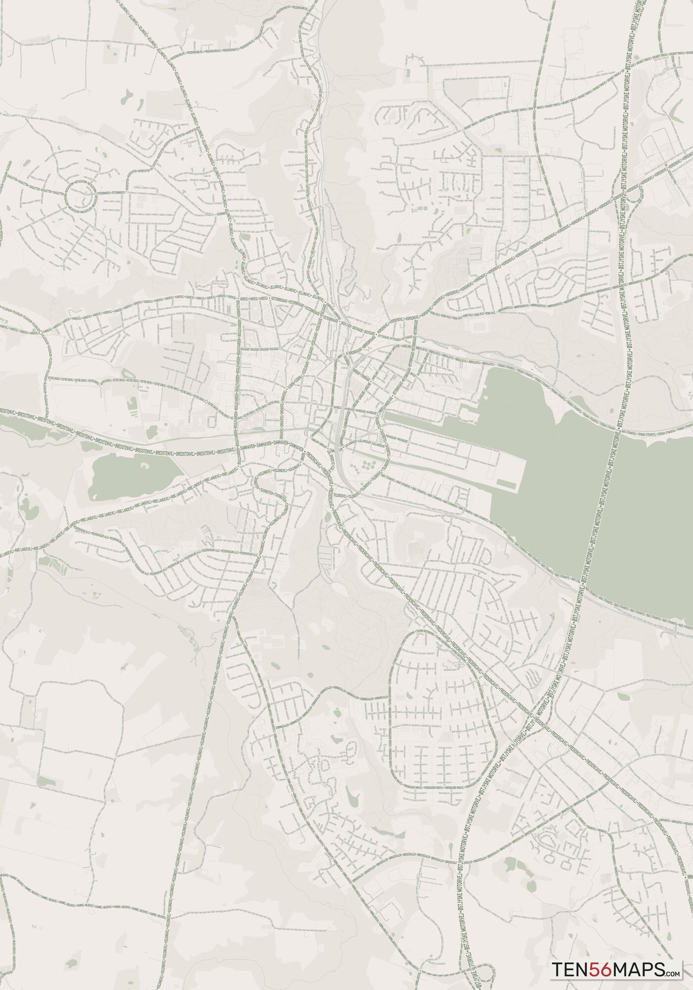 Color Variant Mint - Muted green water and major roads in darker green.