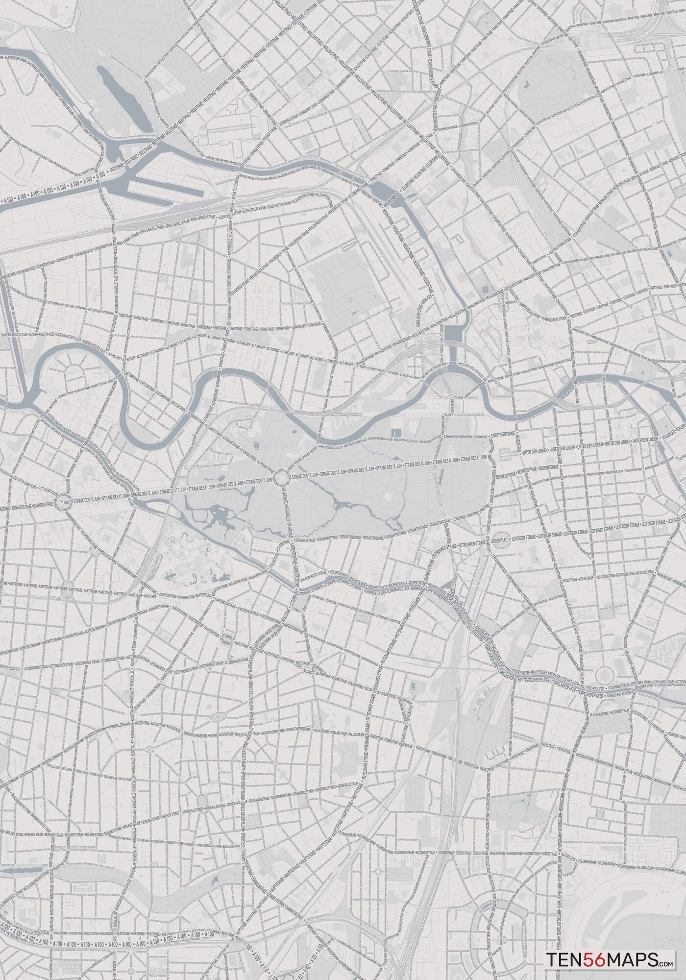Color Variant Steel - Gray with water and major roads in muted blue.