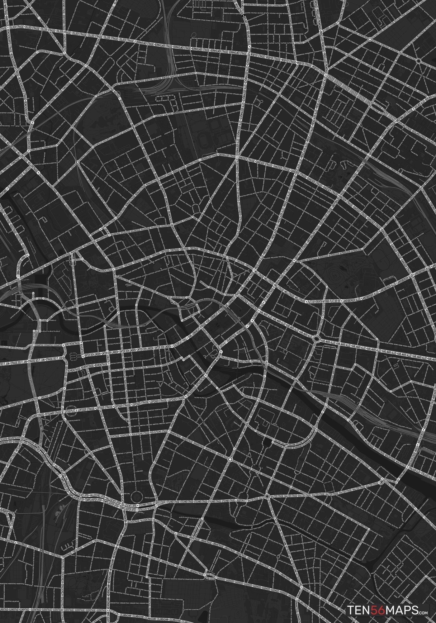 Color Variant Ruby - Dark grey with major roads highlighted in white.