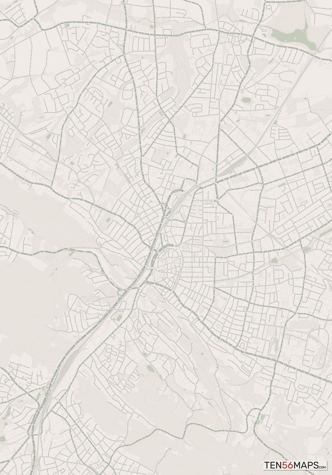 Color Variant Mint - Muted green water and major roads in darker green.