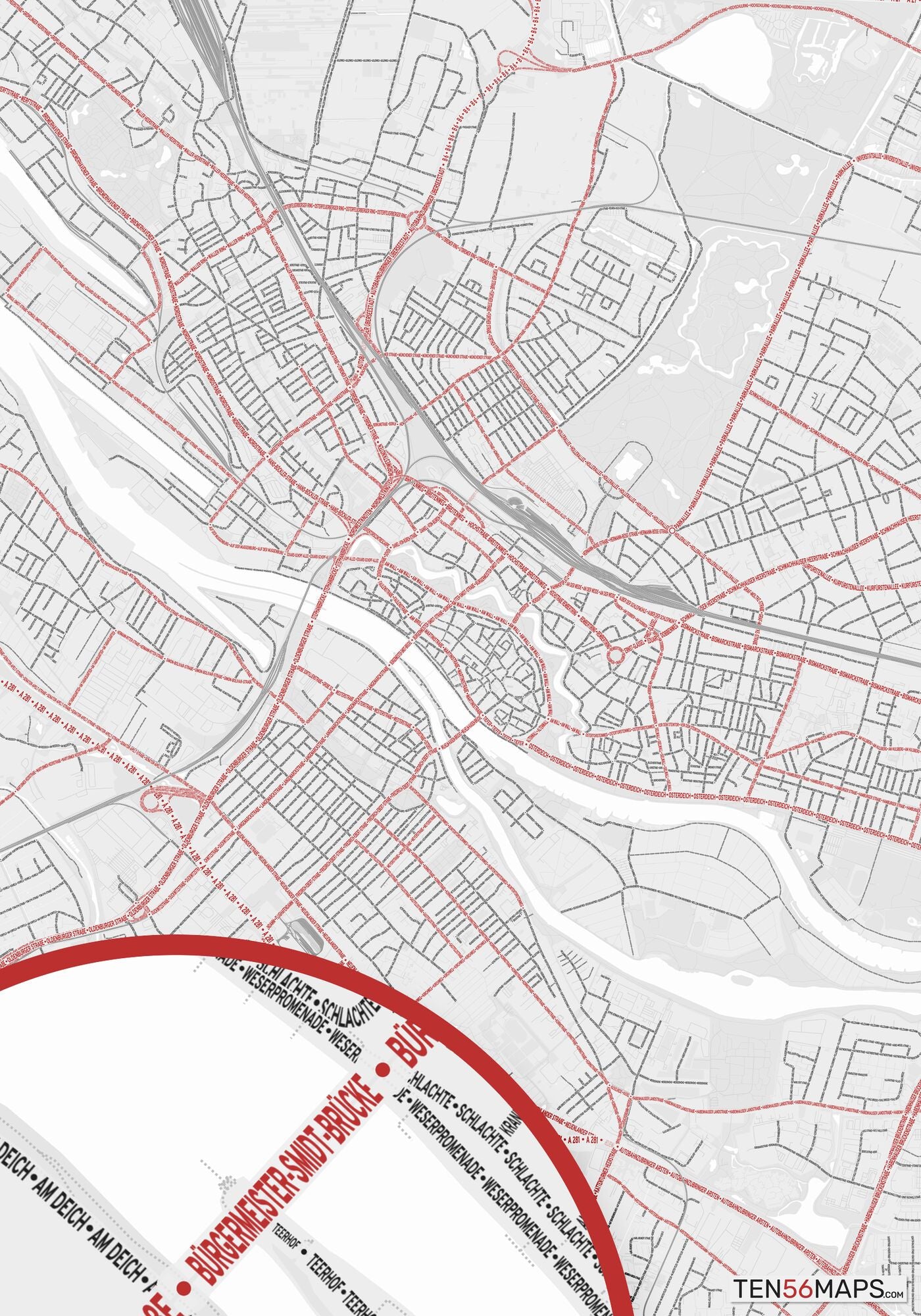 Color Variant Ruby - White with mayor roads in red.