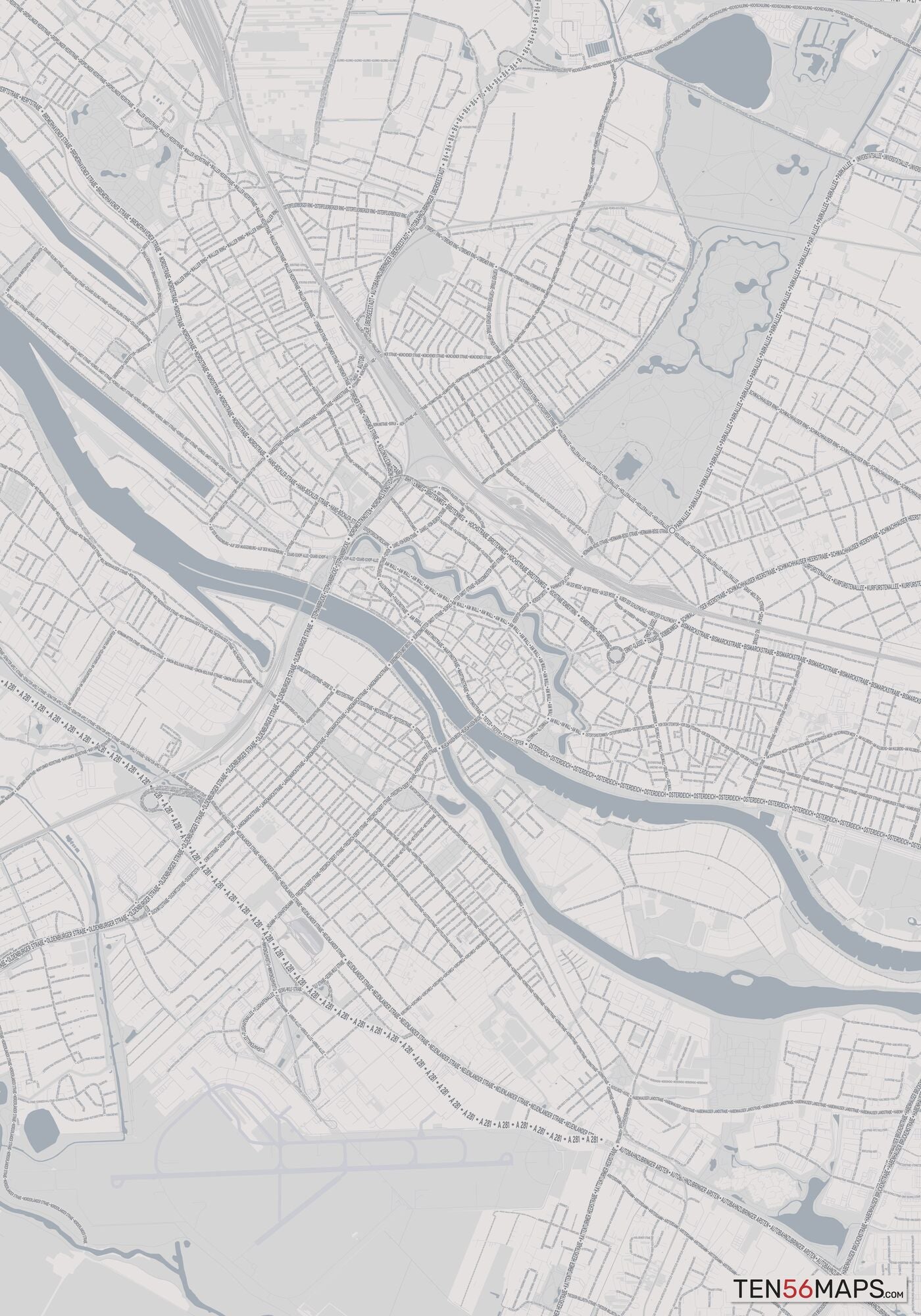 Color Variant Steel - Gray with water and major roads in muted blue.