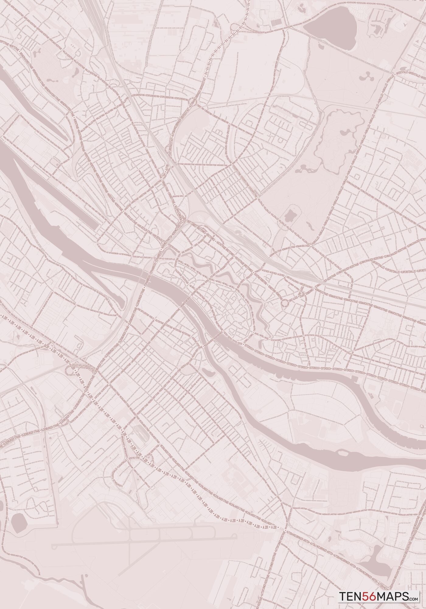 Color Variant Rose - Muted red roads and water.