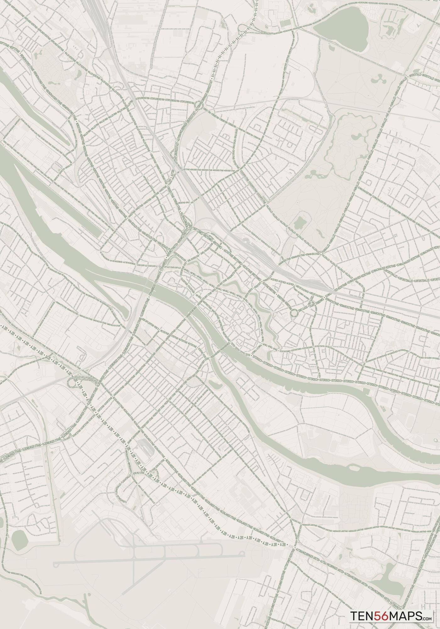 Color Variant Mint - Muted green water and major roads in darker green.