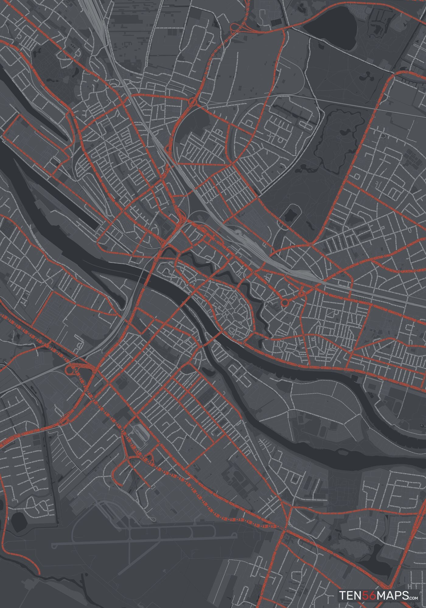 Color Variant Slate - Dark grey with major roads in red.