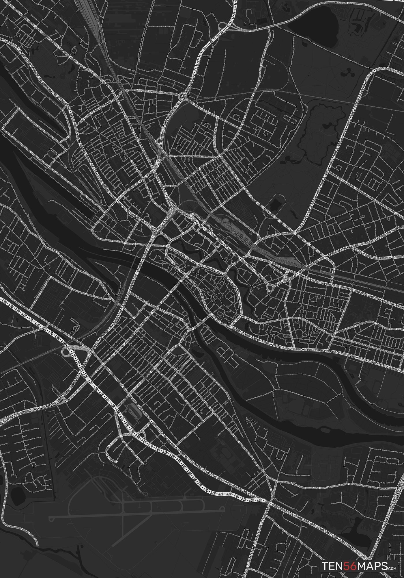 Color Variant Ruby - Dark grey with major roads highlighted in white.