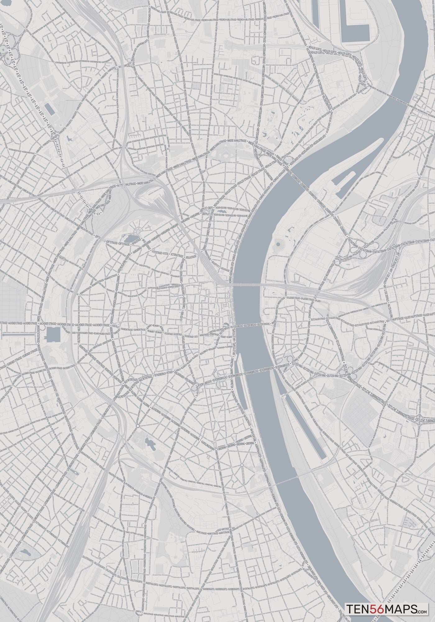 Color Variant Steel - Gray with water and major roads in muted blue.