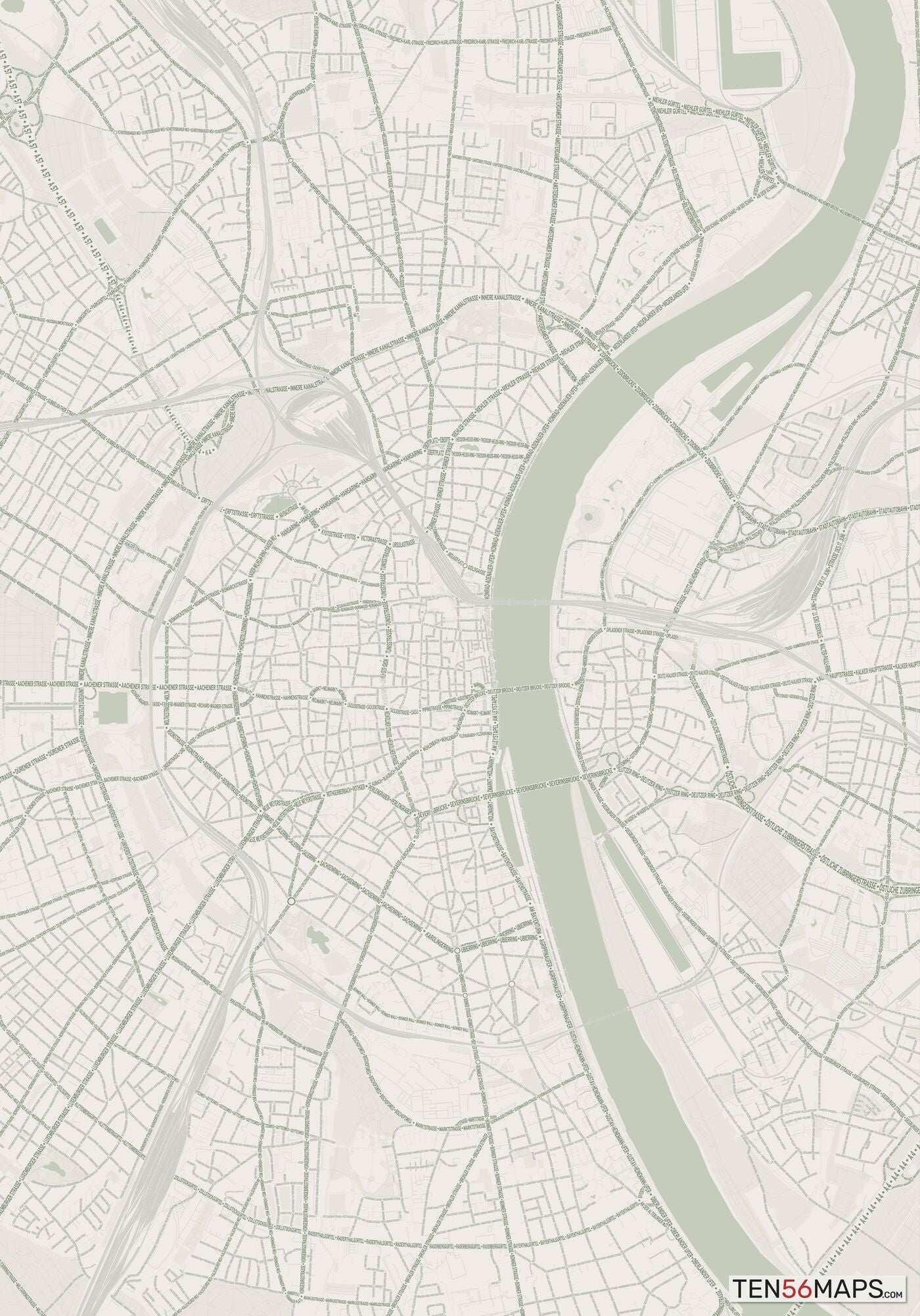 Color Variant Mint - Muted green water and major roads in darker green.