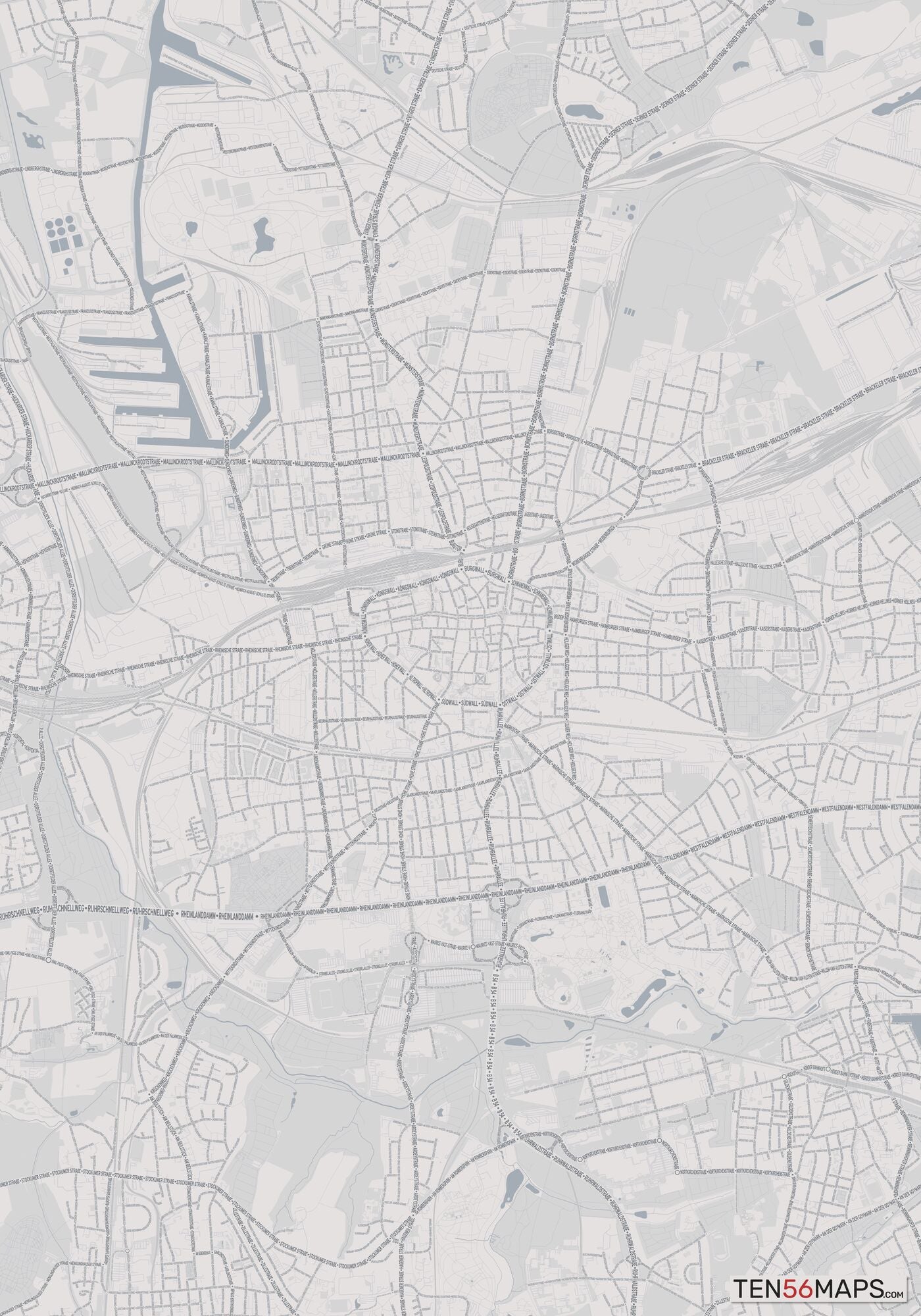 Color Variant Steel - Gray with water and major roads in muted blue.