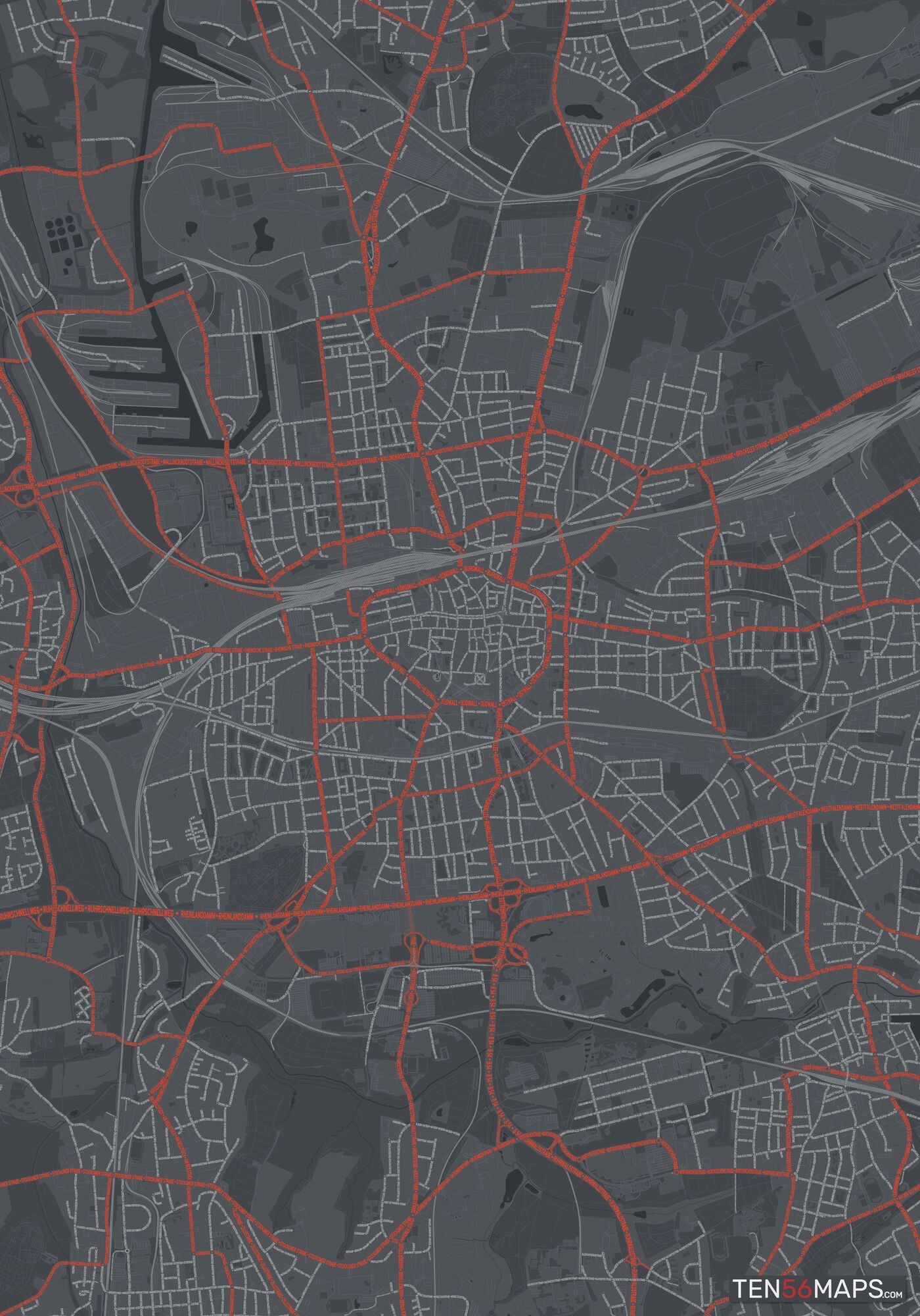 Color Variant Slate - Dark grey with major roads in red.