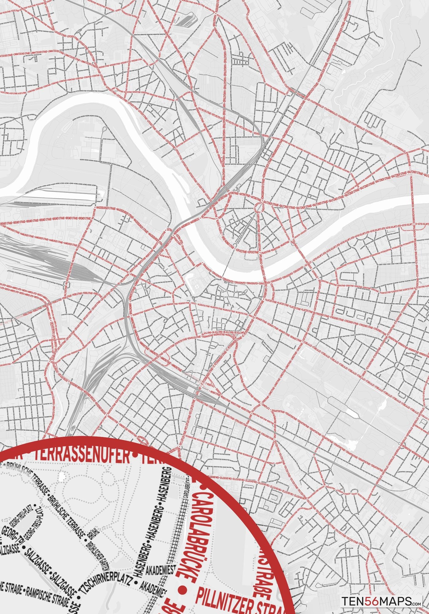 Color Variant Ruby - White with mayor roads in red.