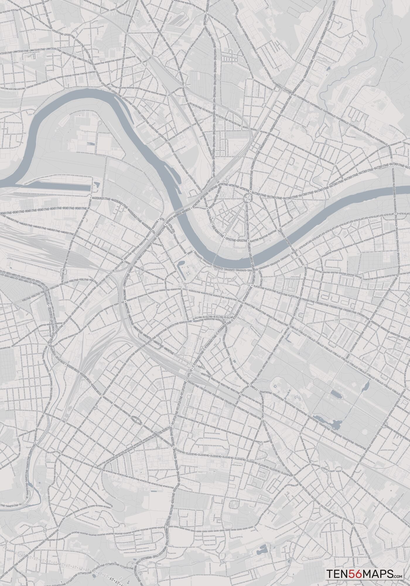 Color Variant Steel - Gray with water and major roads in muted blue.