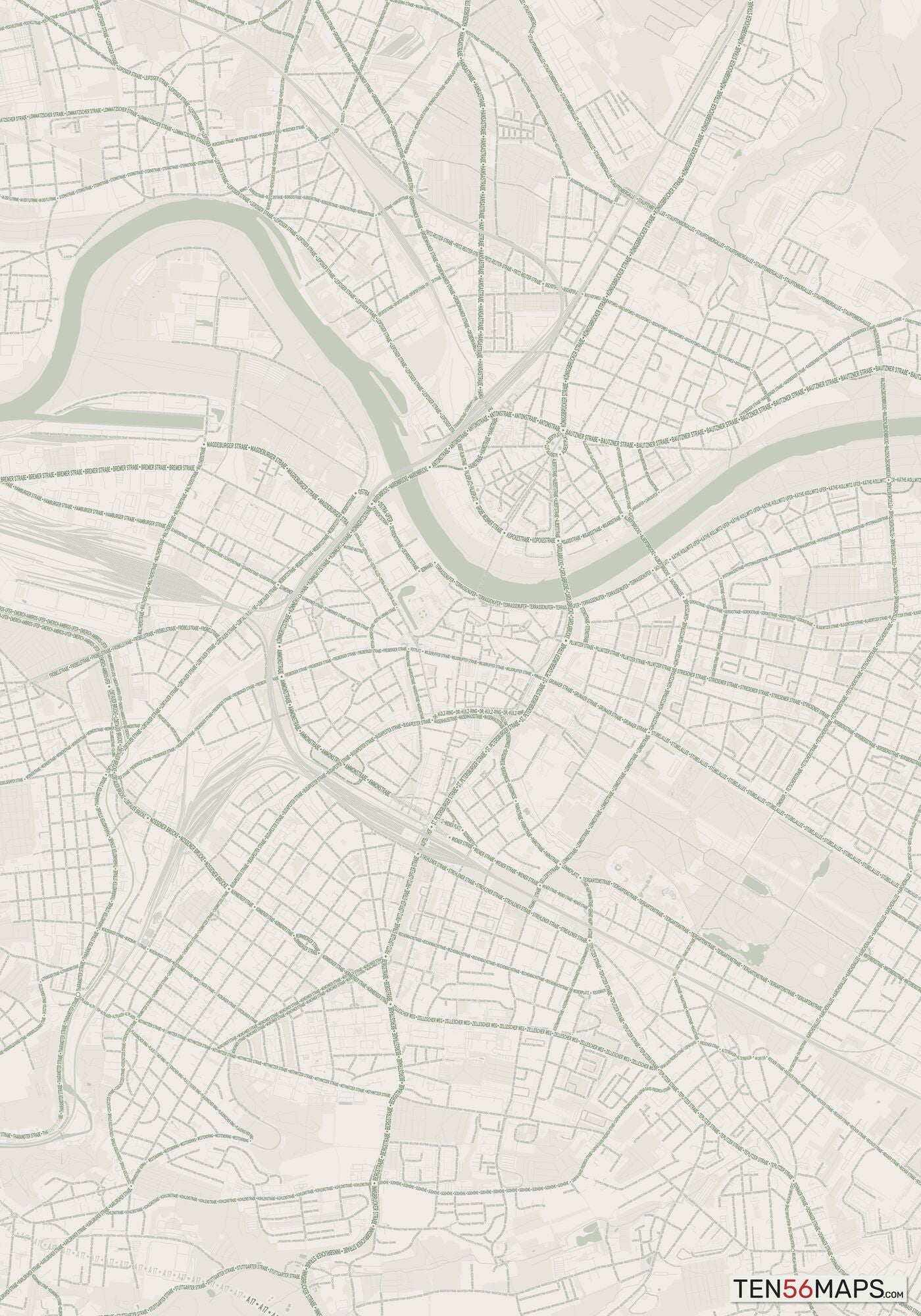 Color Variant Mint - Muted green water and major roads in darker green.