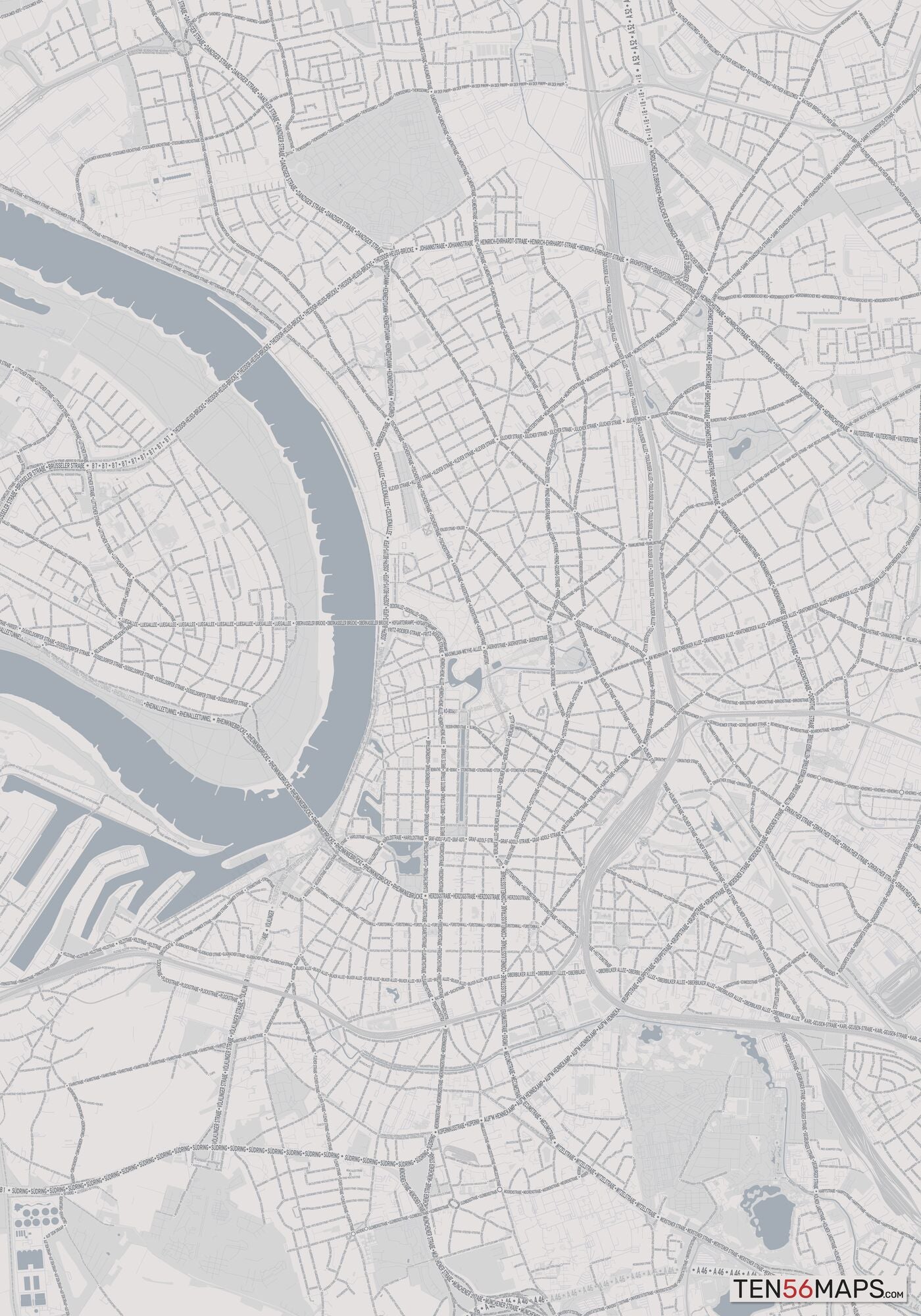 Color Variant Steel - Gray with water and major roads in muted blue.