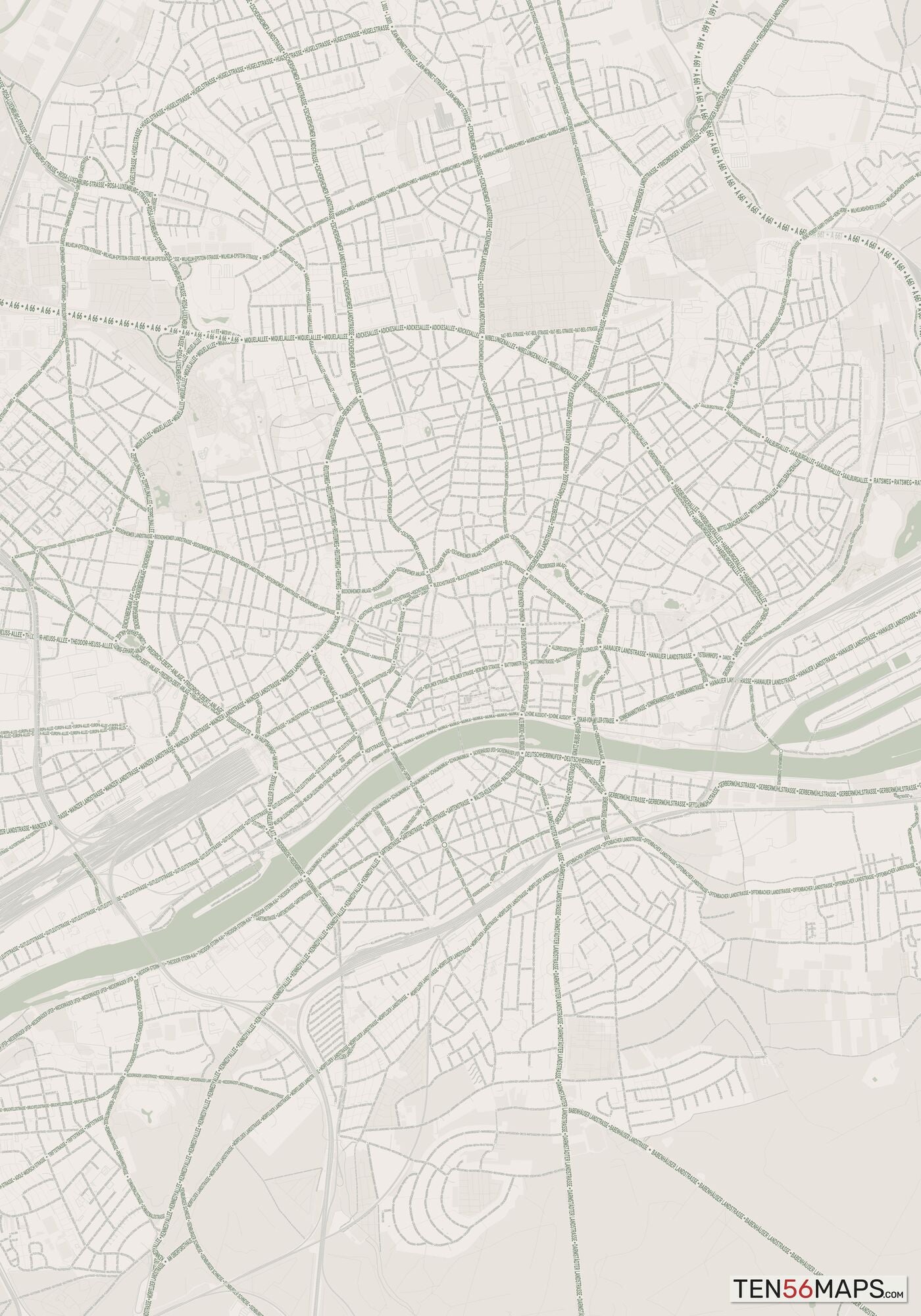 Color Variant Mint - Muted green water and major roads in darker green.