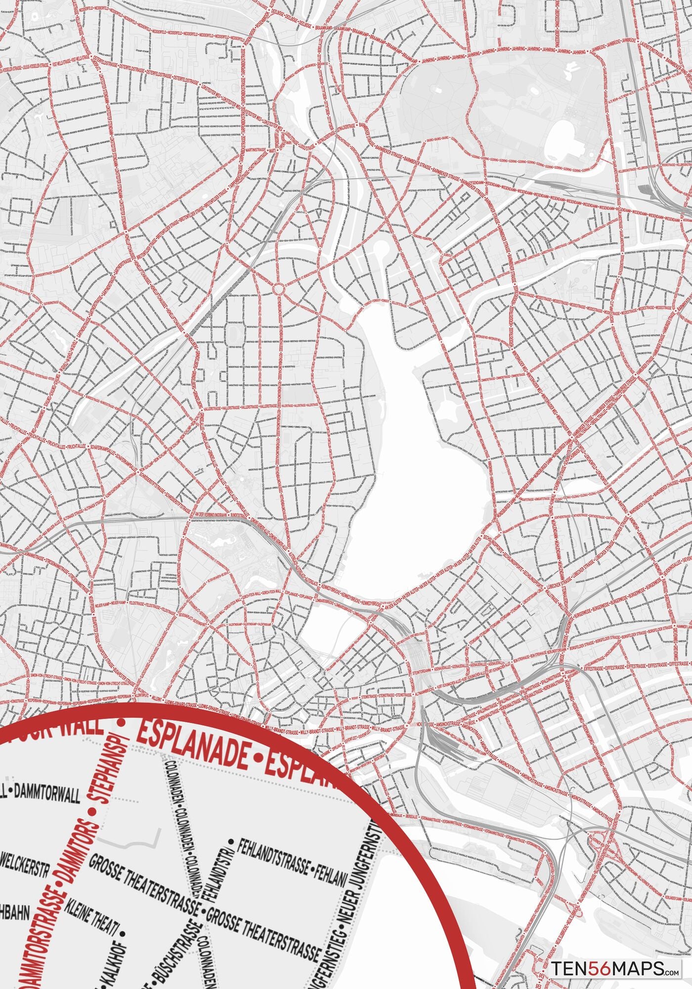 Color Variant Ruby - White with mayor roads in red.