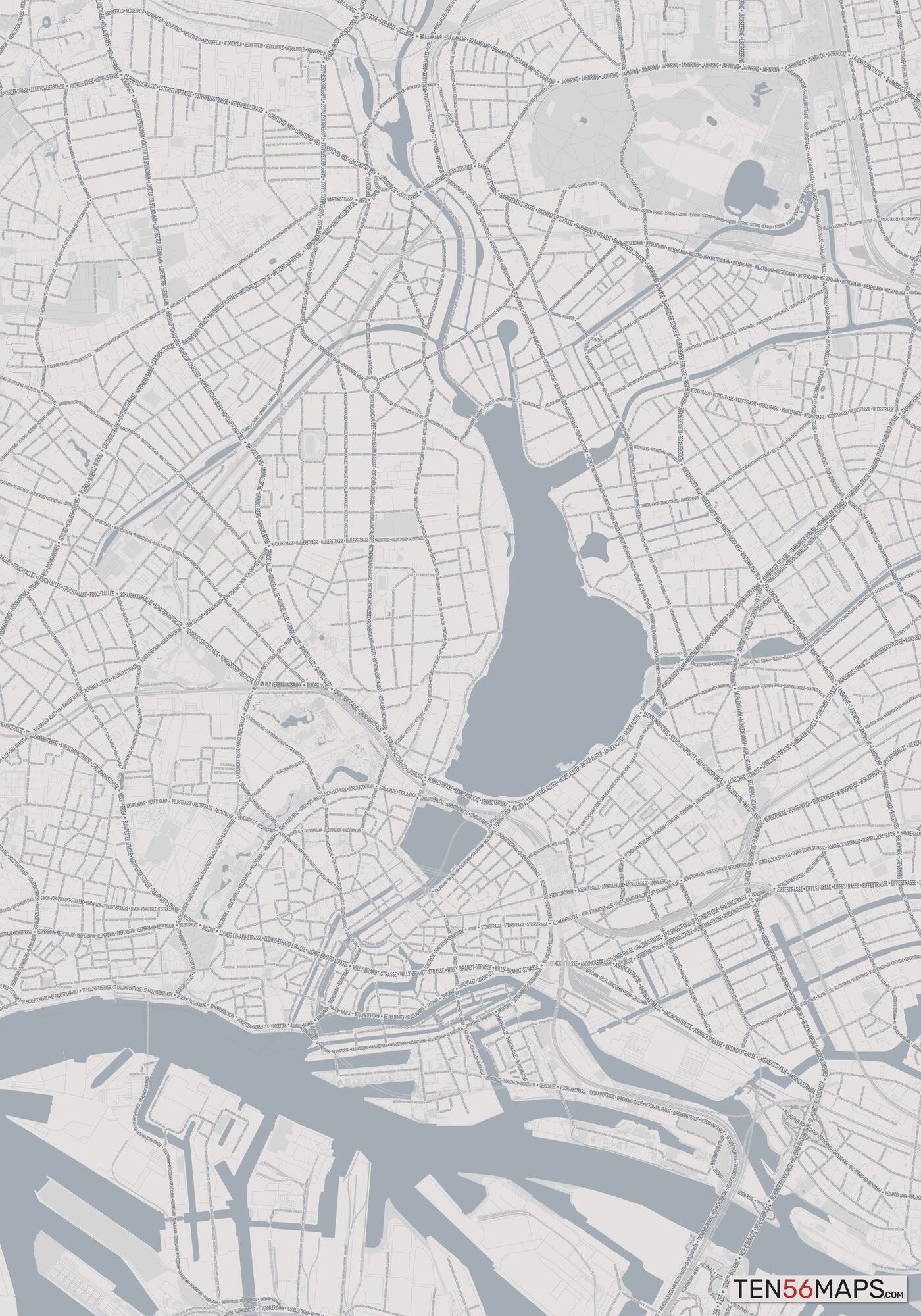 Color Variant Steel - Gray with water and major roads in muted blue.