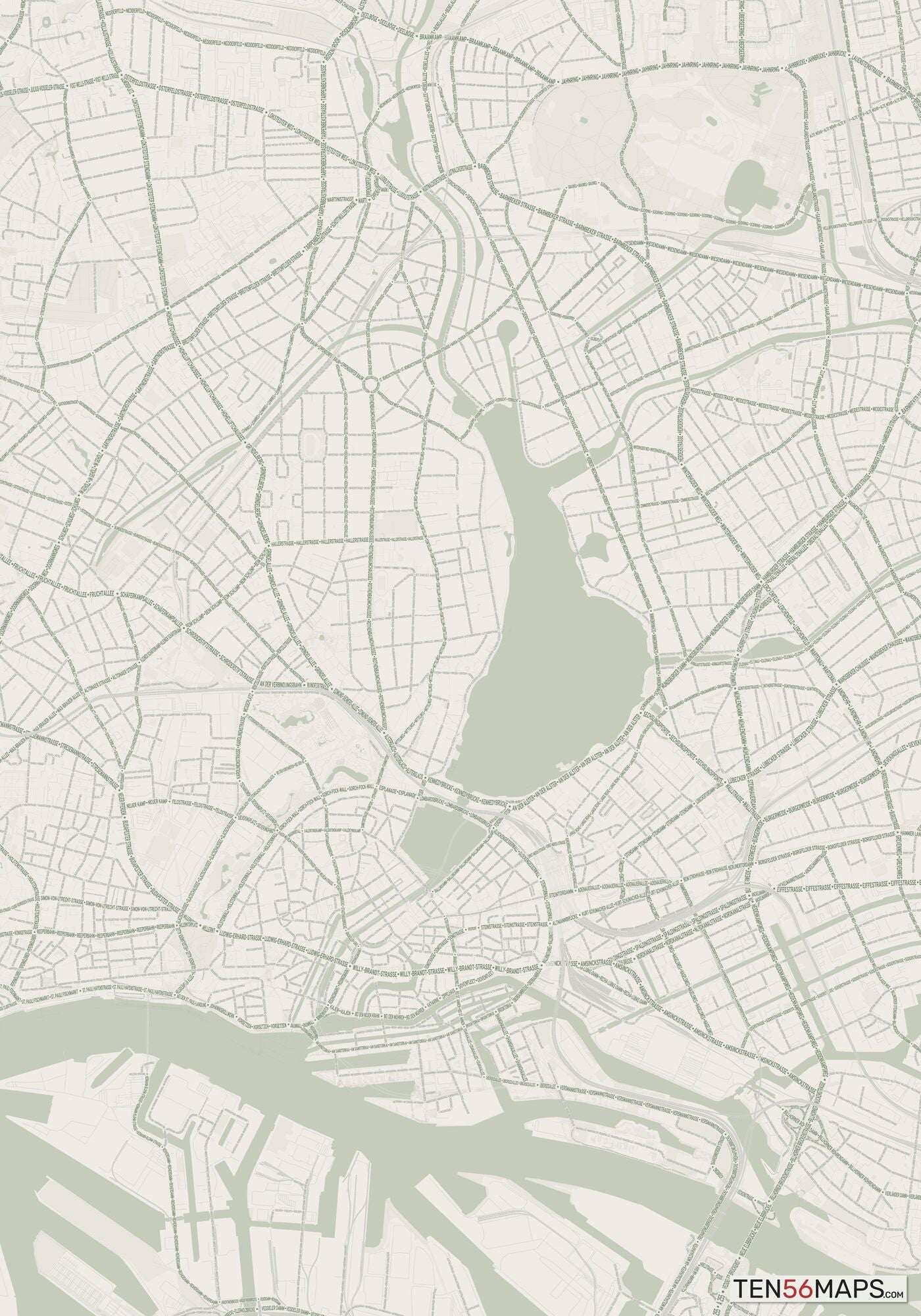 Color Variant Mint - Muted green water and major roads in darker green.