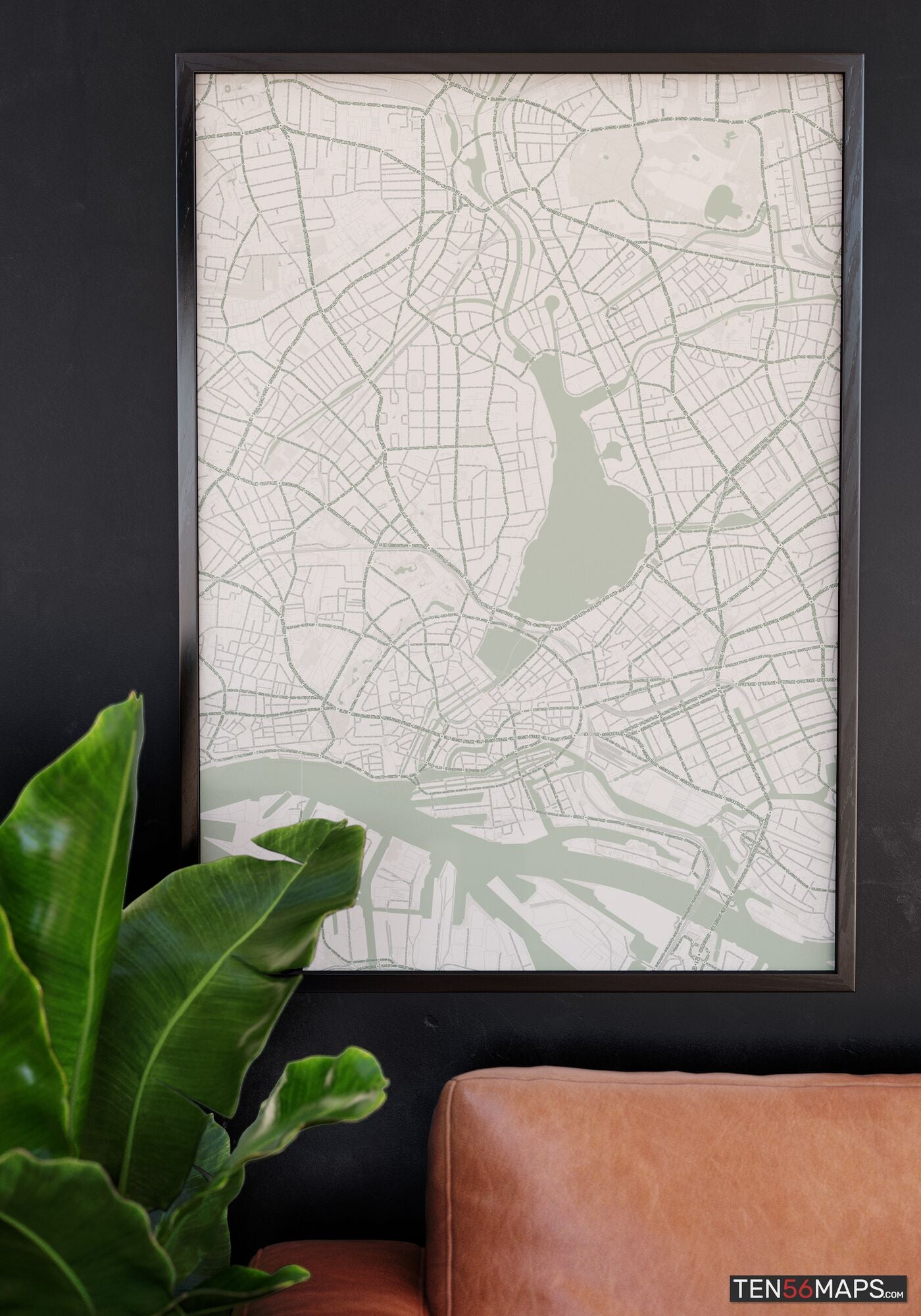 Poster hanging over couch in Mint color scheme