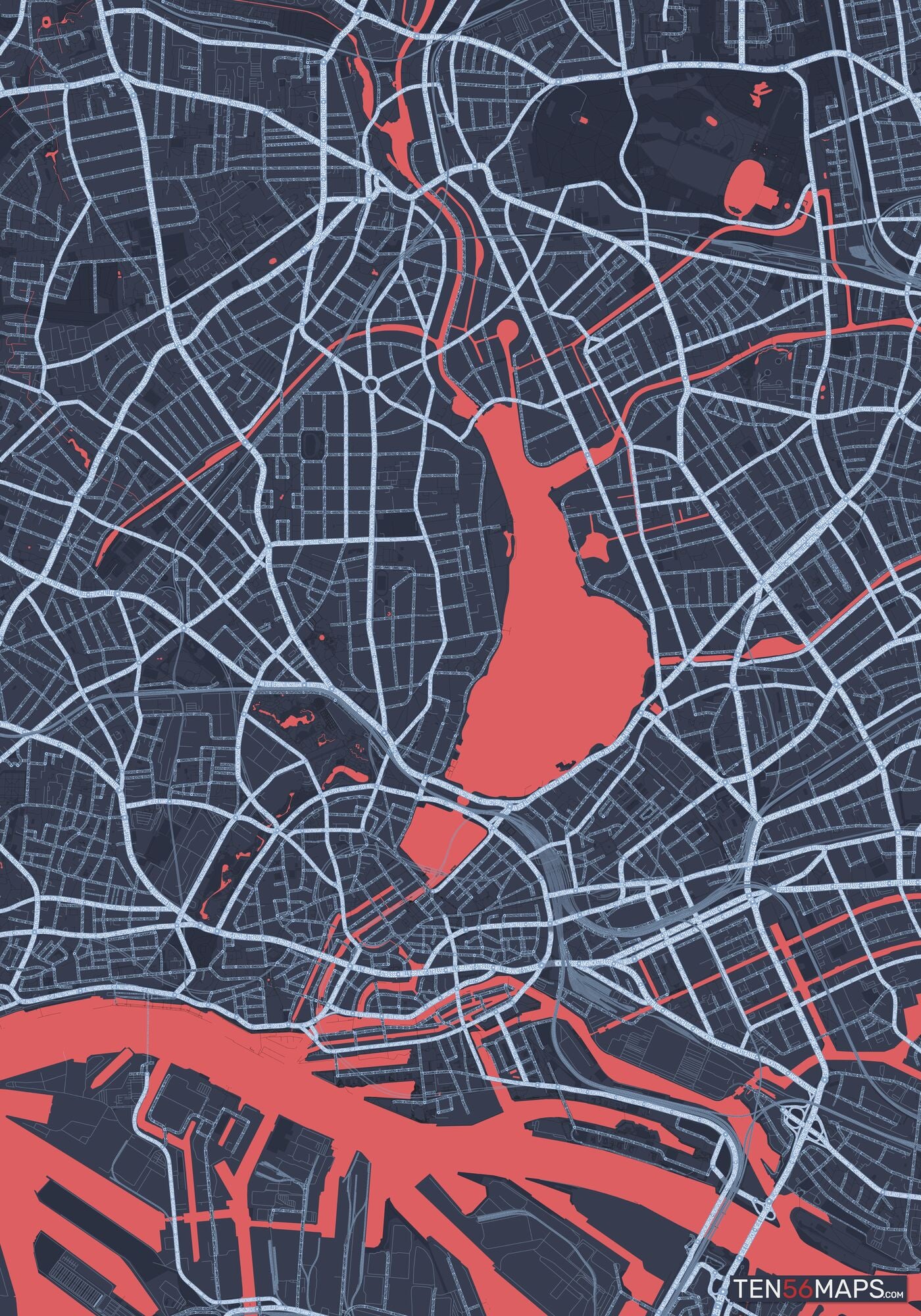 Color Variant Royal - Blue land with water in red.