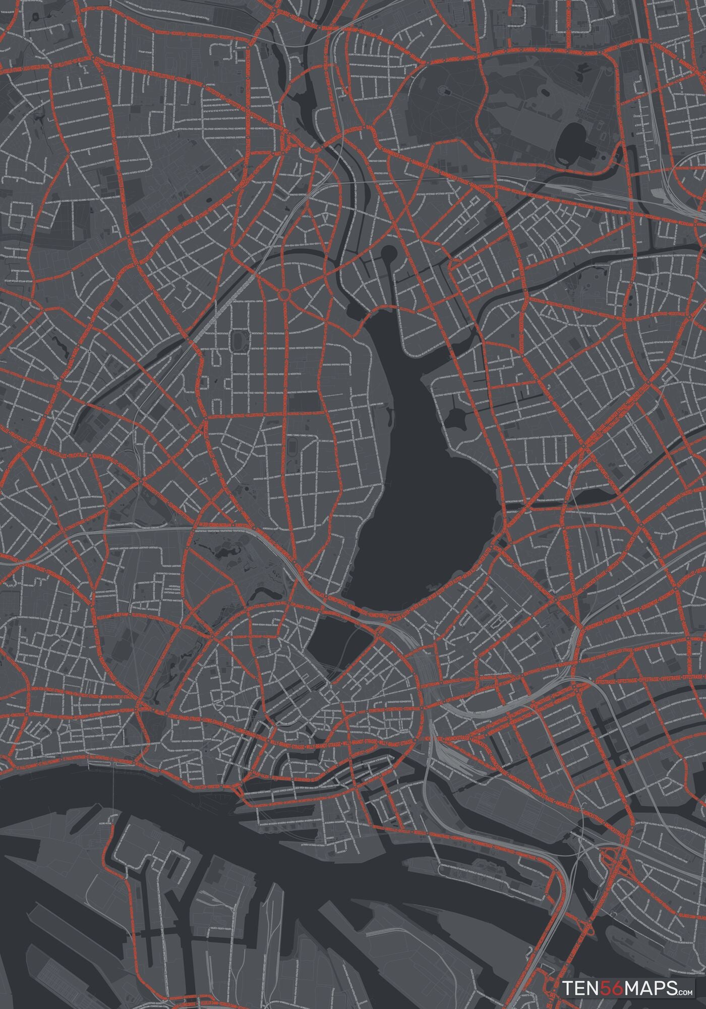 Color Variant Slate - Dark grey with major roads in red.