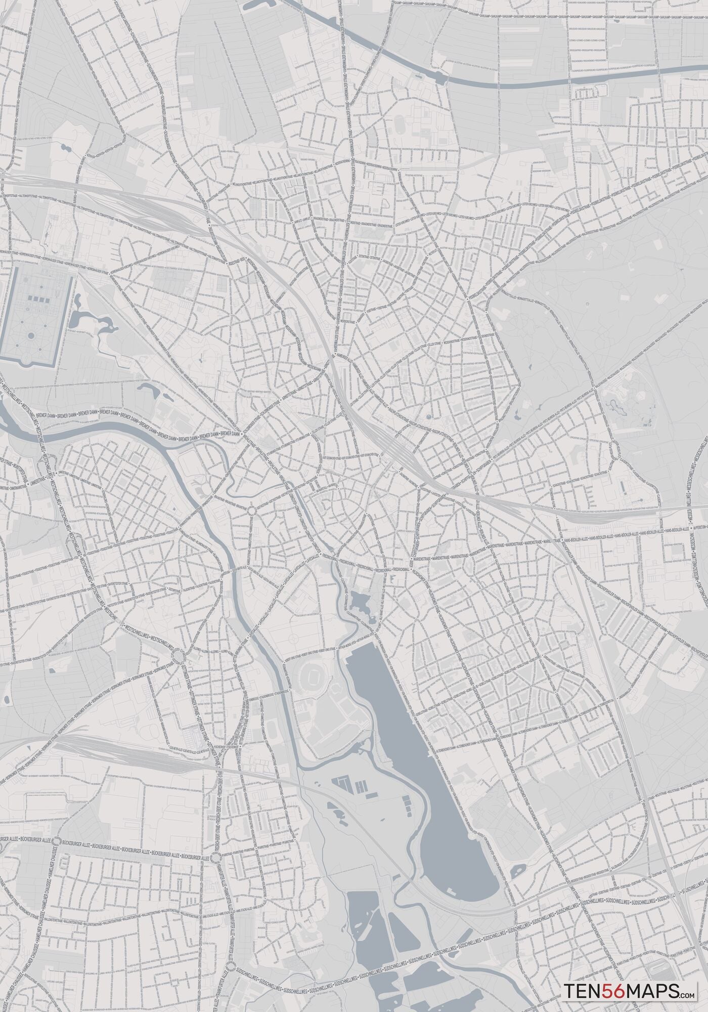 Color Variant Steel - Gray with water and major roads in muted blue.