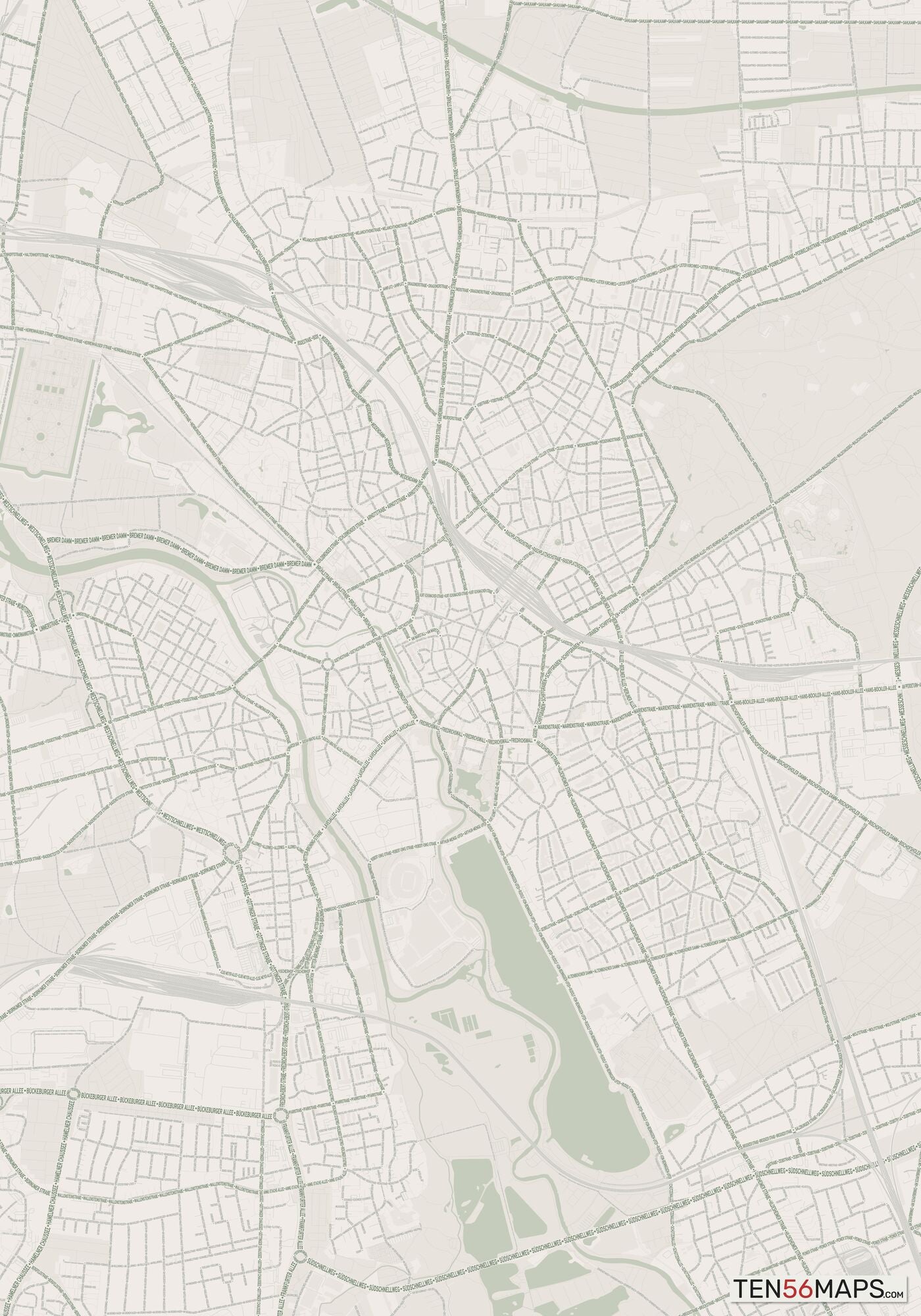 Color Variant Mint - Muted green water and major roads in darker green.
