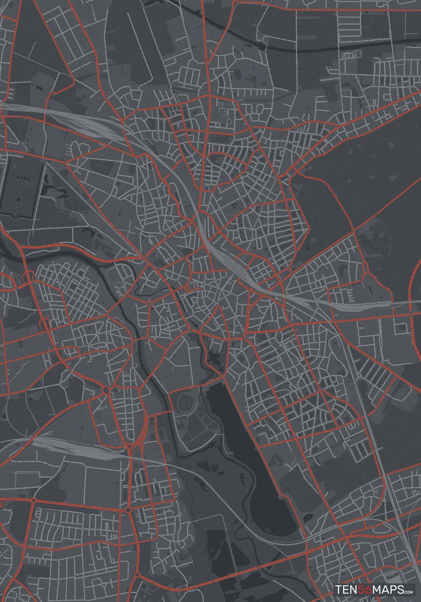 Color Variant Slate - Dark grey with major roads in red.