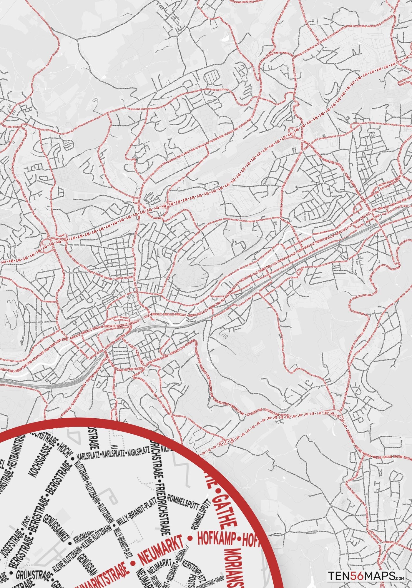 Color Variant Ruby - White with mayor roads in red.