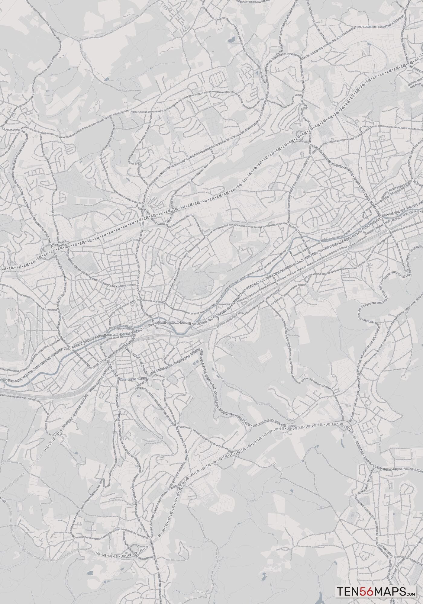 Color Variant Steel - Gray with water and major roads in muted blue.