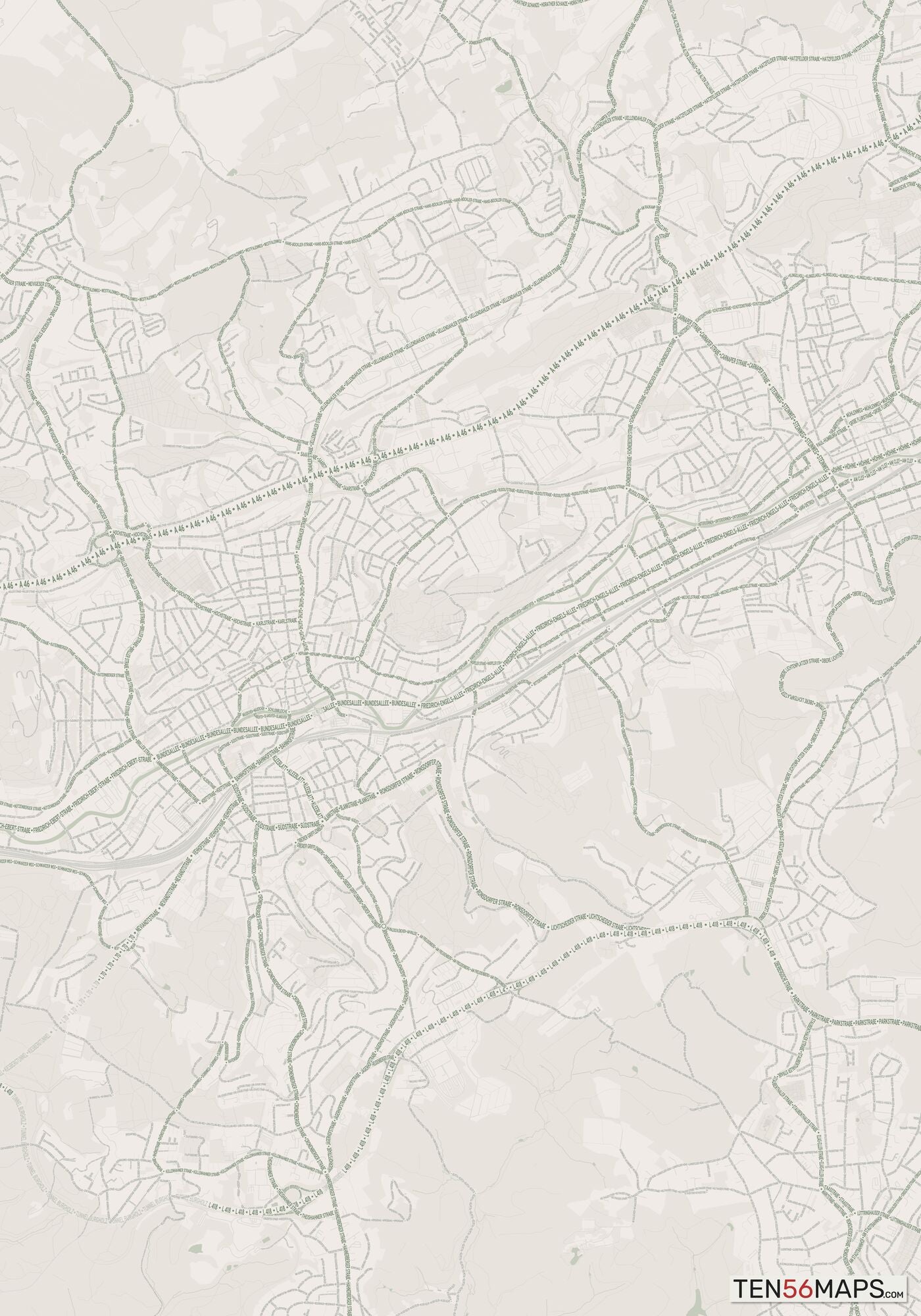 Color Variant Mint - Muted green water and major roads in darker green.