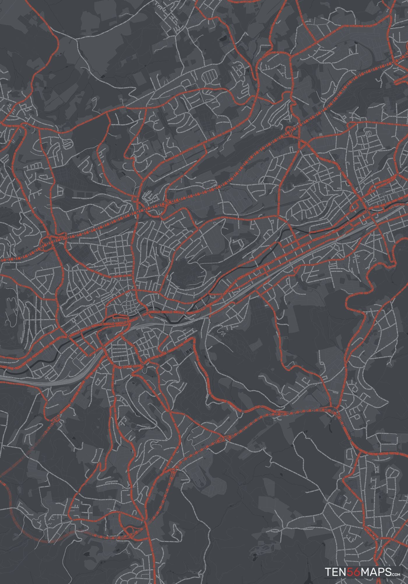 Color Variant Slate - Dark grey with major roads in red.
