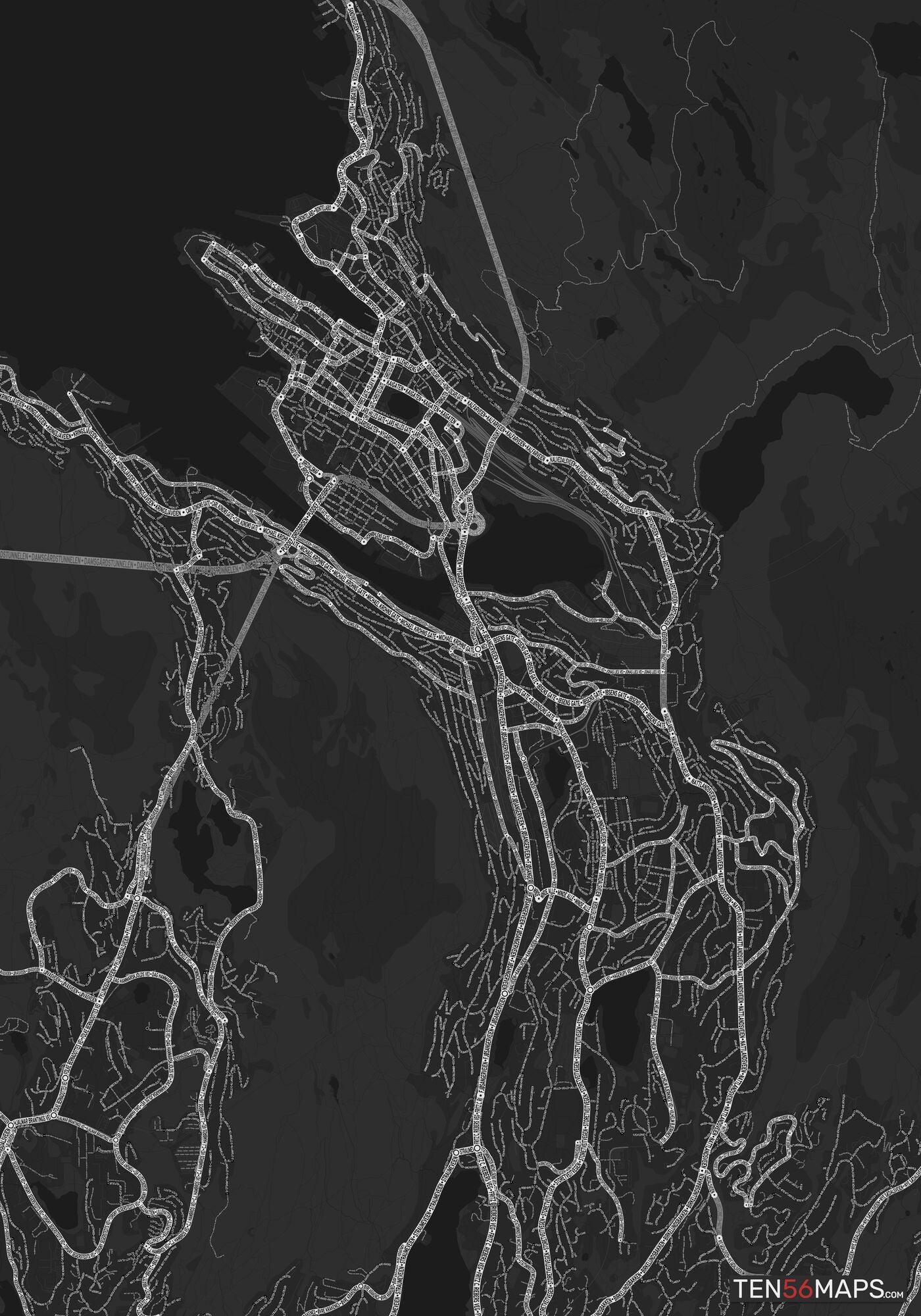 Color Variant Ruby - Dark grey with major roads highlighted in white.