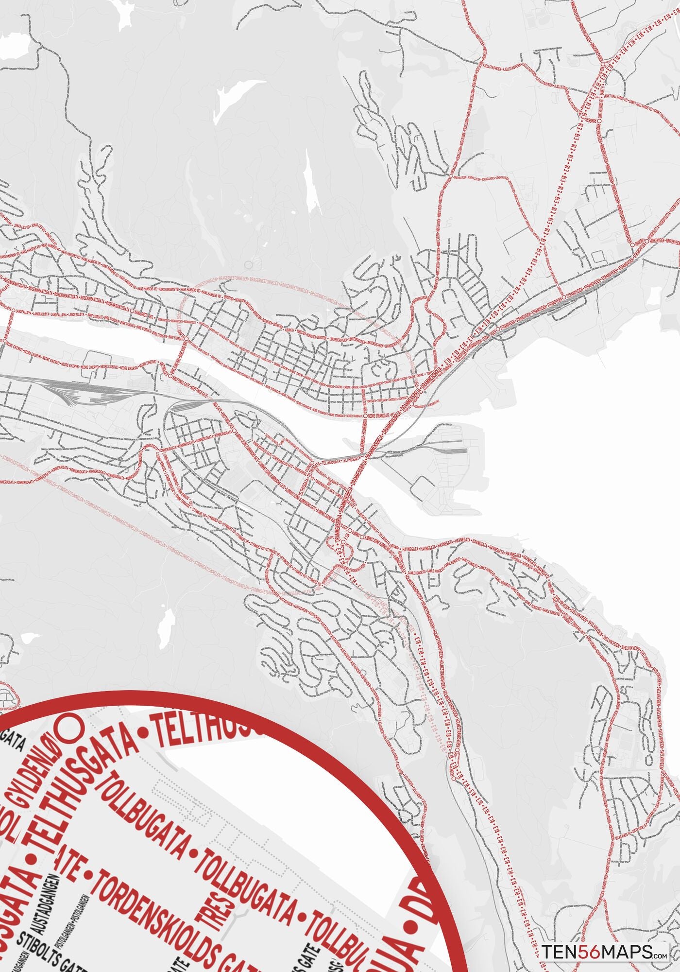 Color Variant Ruby - White with mayor roads in red.