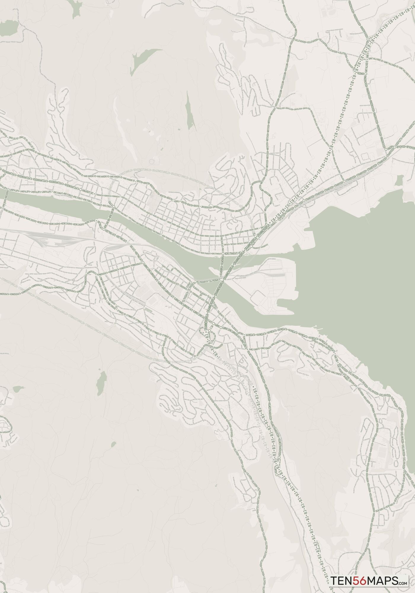 Color Variant Mint - Muted green water and major roads in darker green.