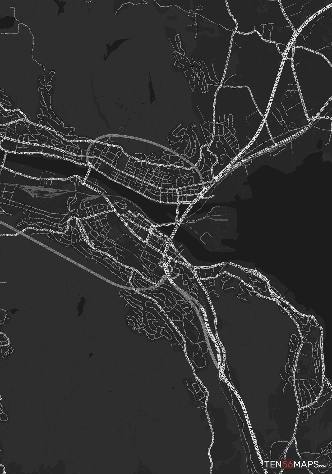 Color Variant Ruby - Dark grey with major roads highlighted in white.