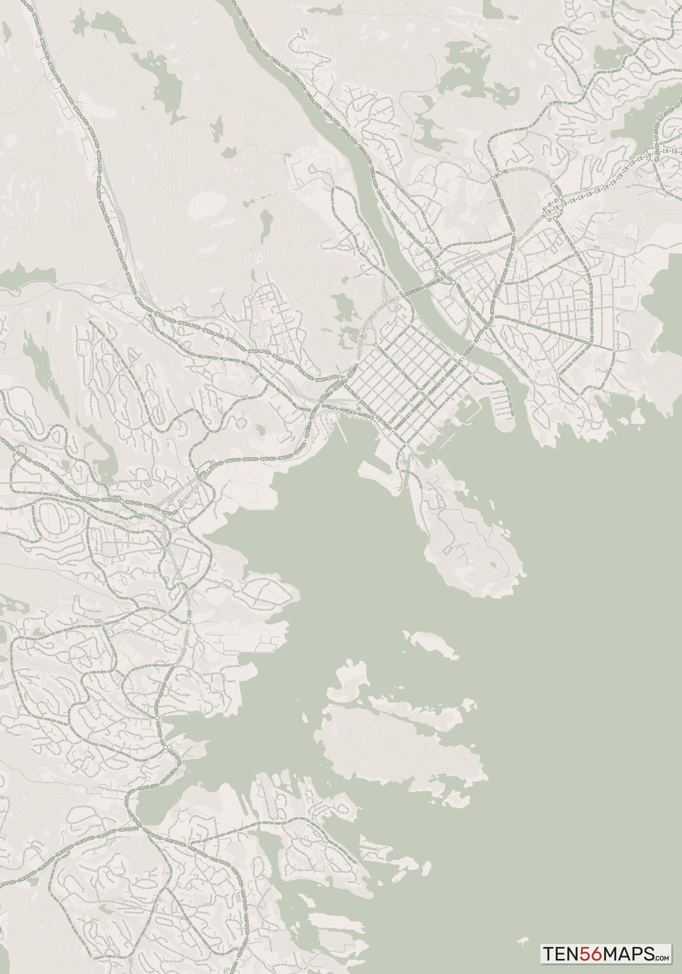 Color Variant Mint - Muted green water and major roads in darker green.