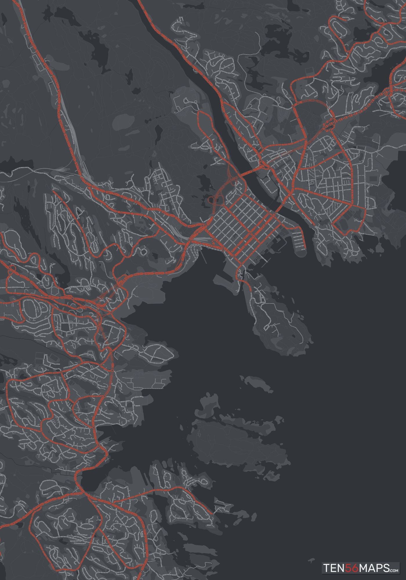Color Variant Slate - Dark grey with major roads in red.