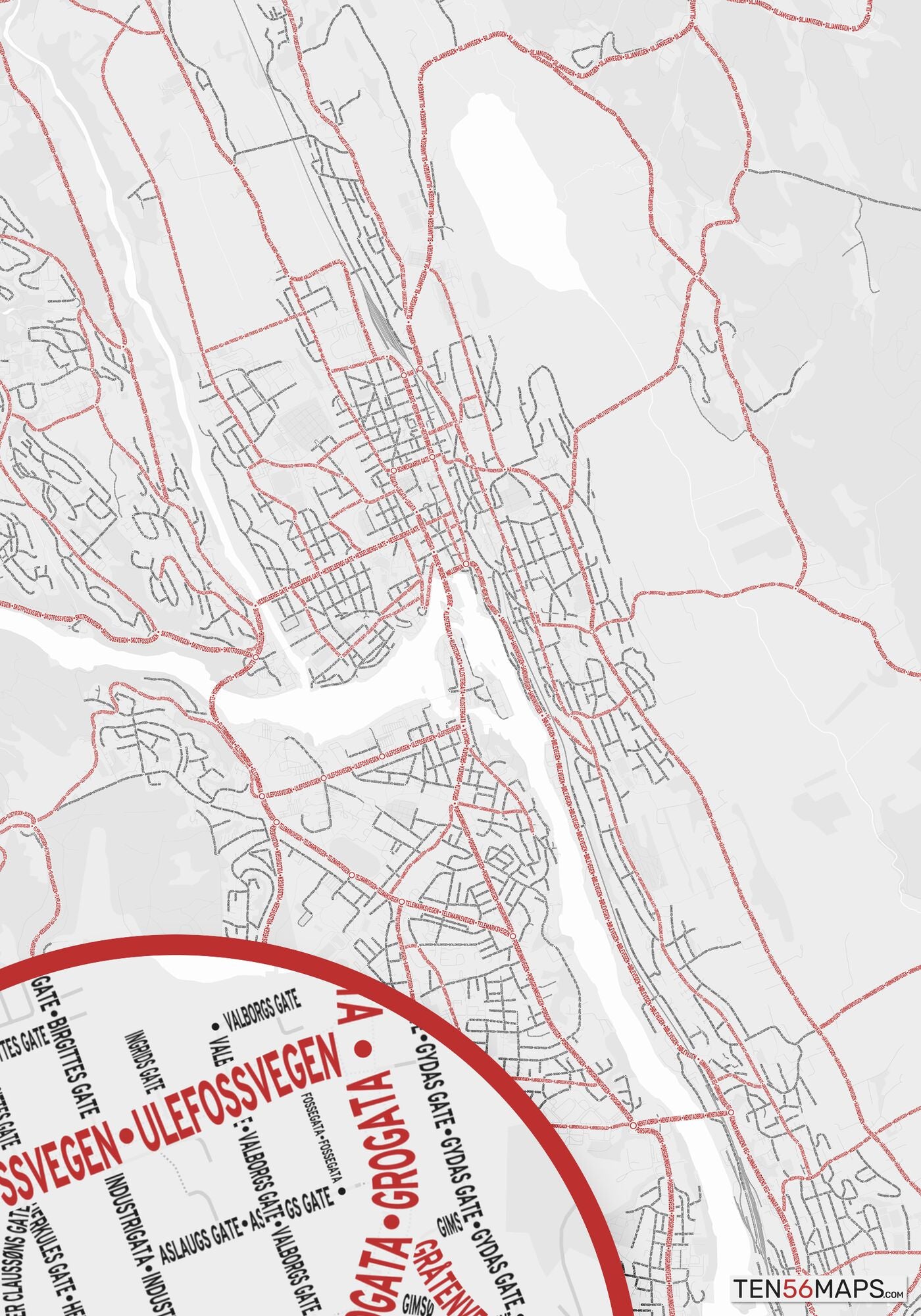 Color Variant Ruby - White with mayor roads in red.