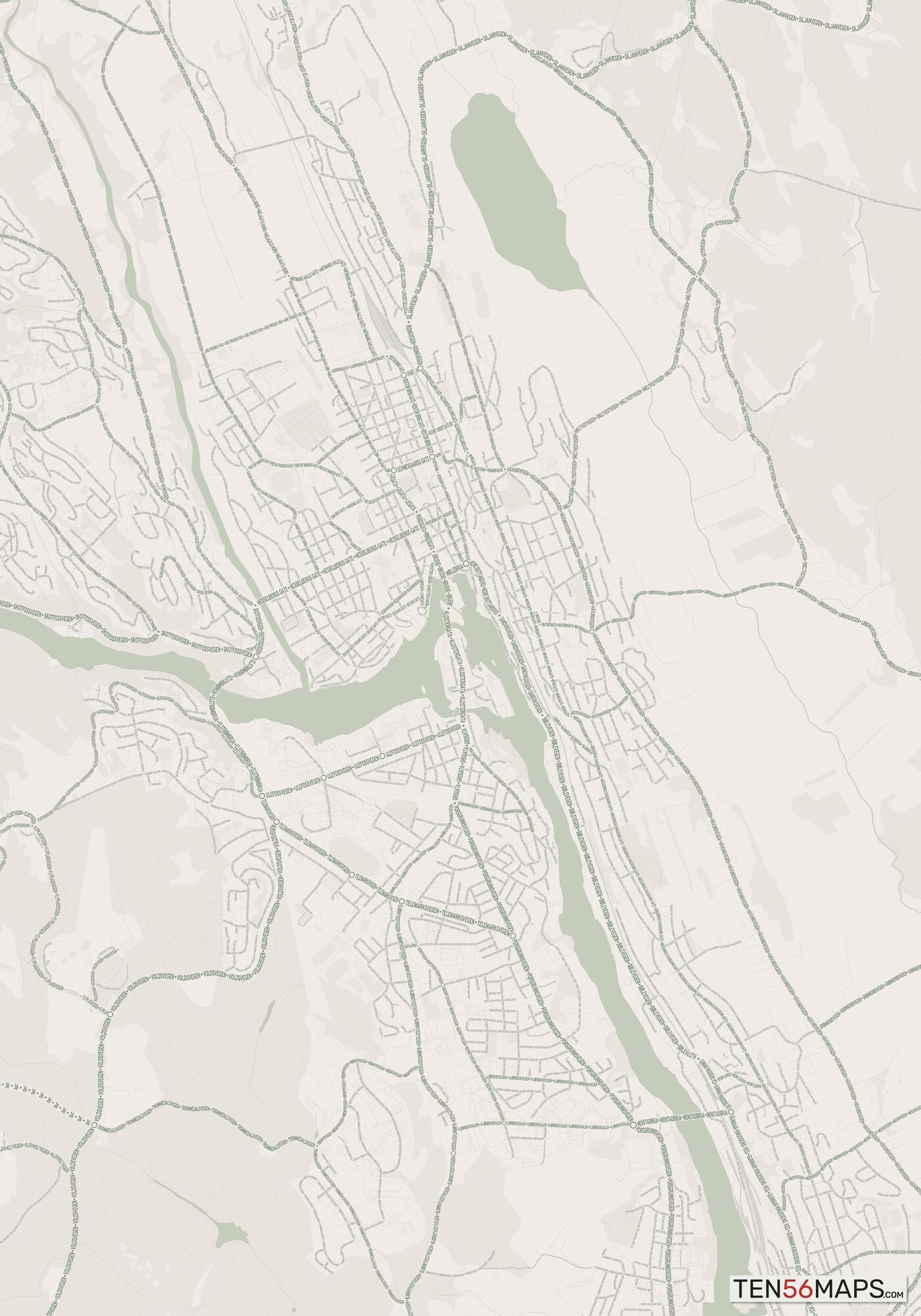 Color Variant Mint - Muted green water and major roads in darker green.
