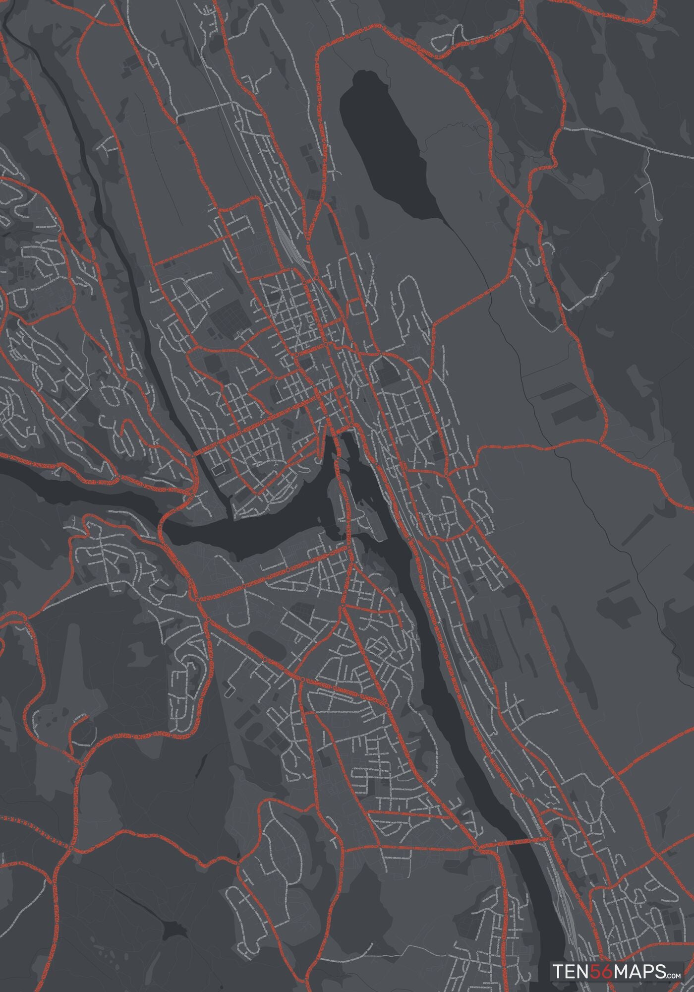 Color Variant Slate - Dark grey with major roads in red.