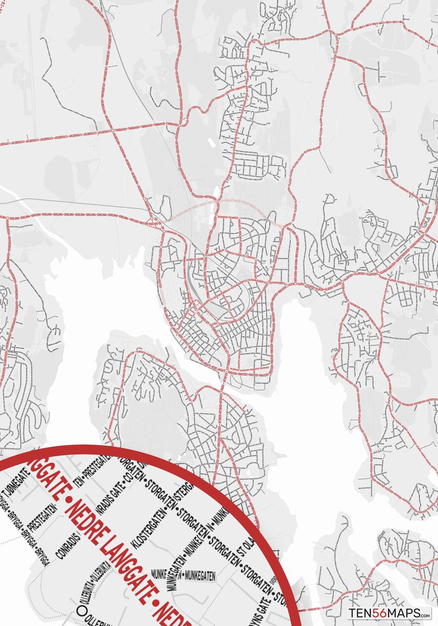 Color Variant Ruby - White with mayor roads in red.