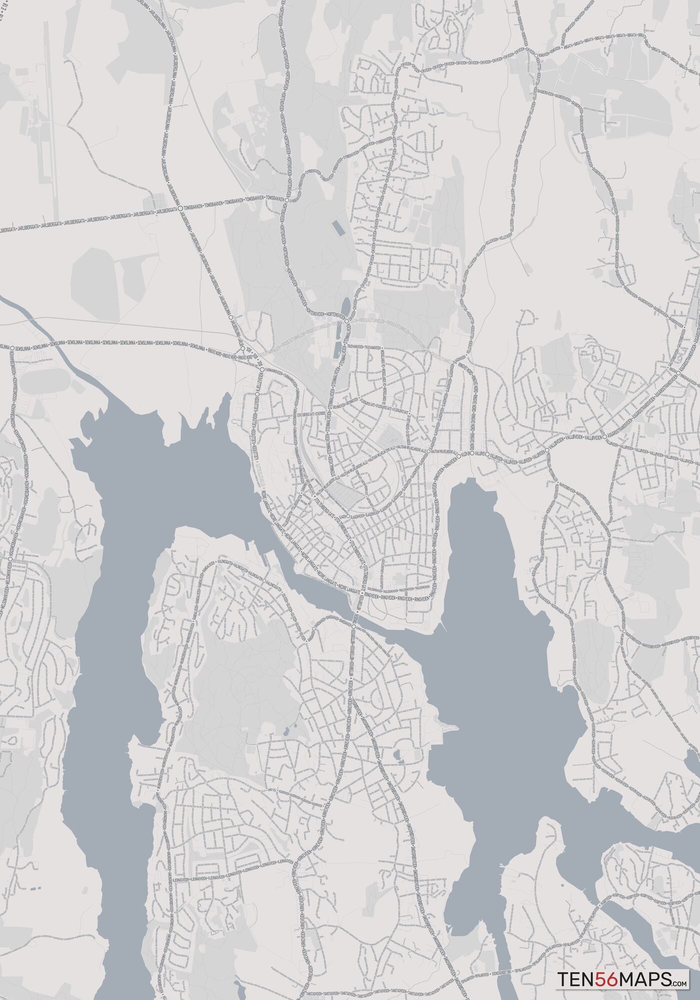 Color Variant Steel - Gray with water and major roads in muted blue.