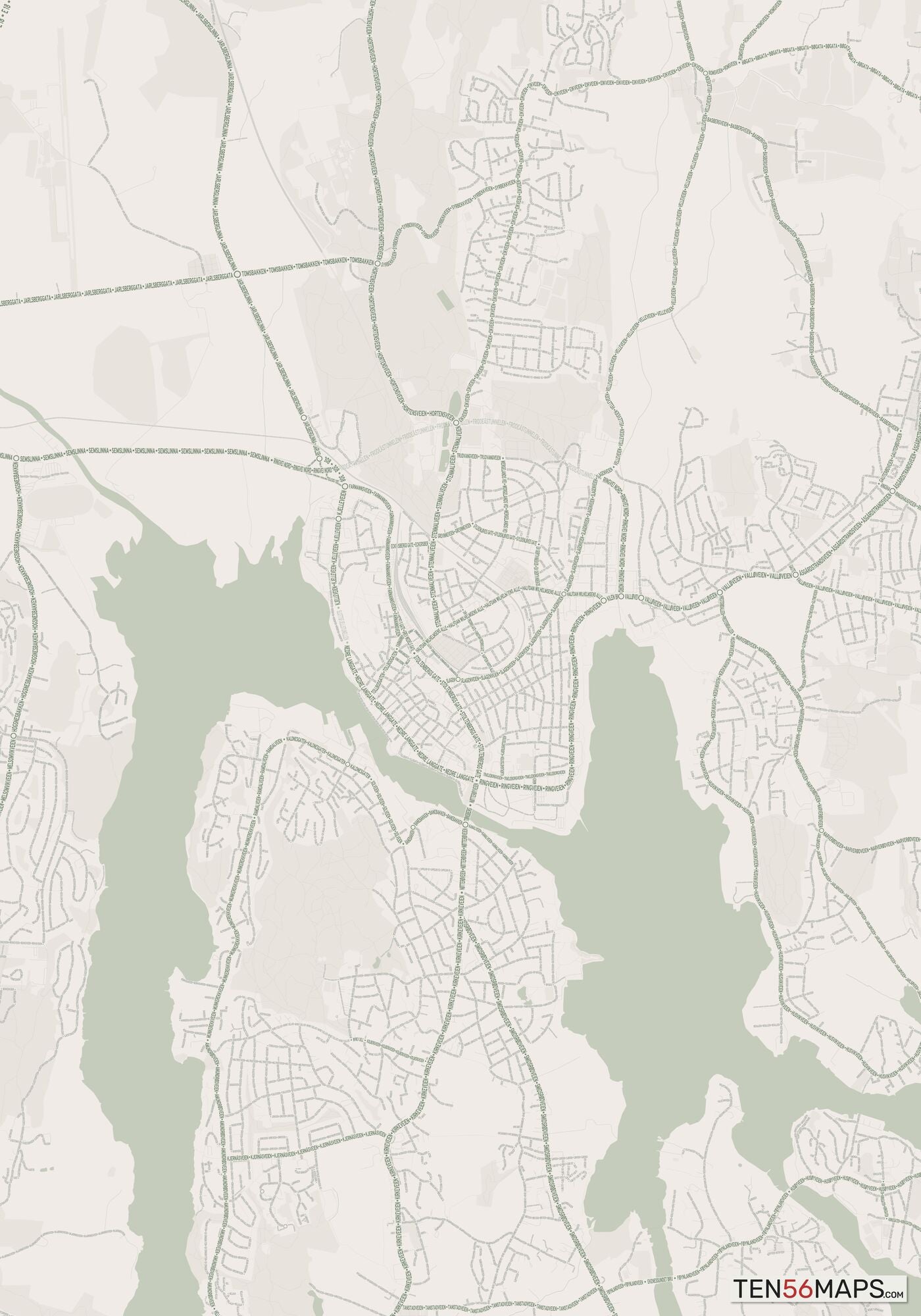 Color Variant Mint - Muted green water and major roads in darker green.