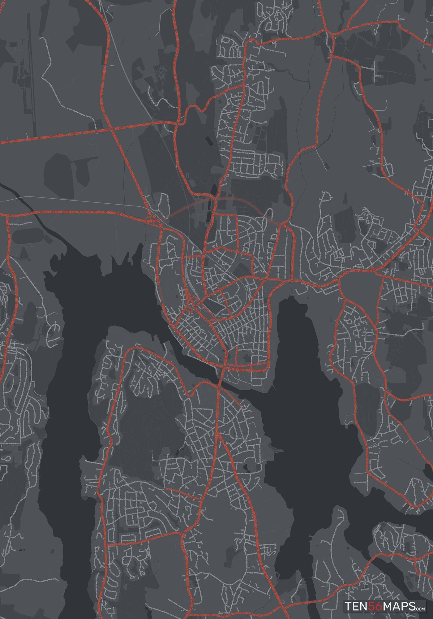 Color Variant Slate - Dark grey with major roads in red.